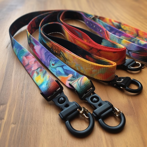 Tres lanyards con un colorido diseño de teñido anudado en ellos generative ai