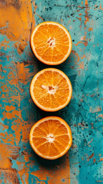 Três laranjas divididas deitam-se em uma fila limpa numa superfície turquesa texturizada a sua vitalidade suculenta oferecendo um contraste refrescante a composição captura a essência da frescura e o entusiasmo da vida