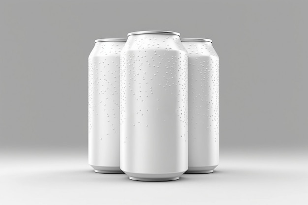 Três latas brancas de cerveja estão enfileiradas.