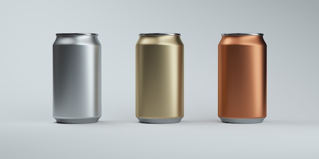 Três latas de refrigerante de cor metálica no escuro elegante