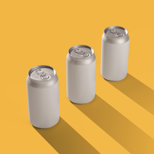 Três latas Modelo de lata de refrigerante de bebida energética isolado em fundo amarelo Rótulo em branco