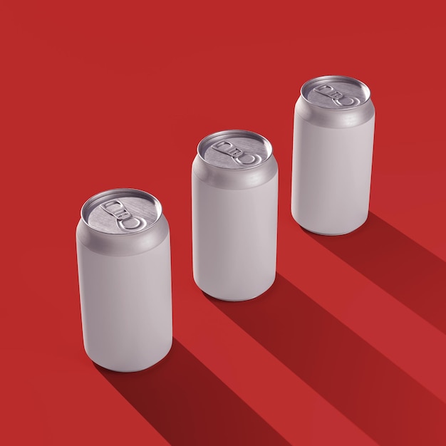 Foto três latas modelo de lata de refrigerante de bebida energética isolado em fundo vermelho rótulo em branco