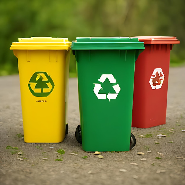 tres latas de reciclaje una con una que tiene un logotipo de reciclado en ella