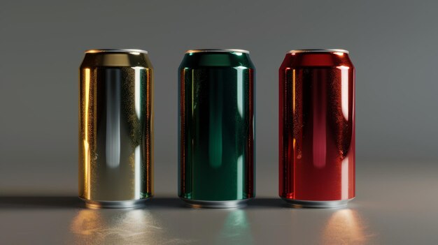 Tres latas de refresco de hierro de colores brillantes con condensación en un fondo oscuro para publicidad y comercialización