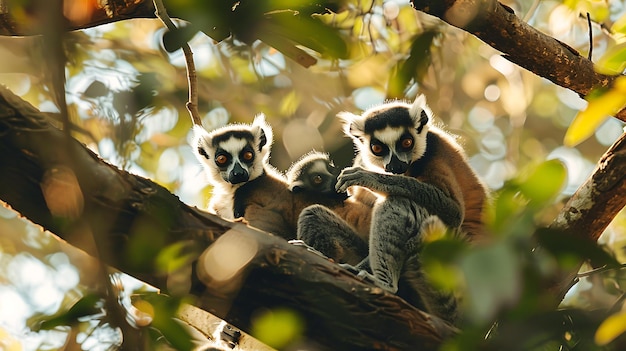 tres lémures están sentados en un árbol uno de ellos tiene un patrón de rayas blancas y negras