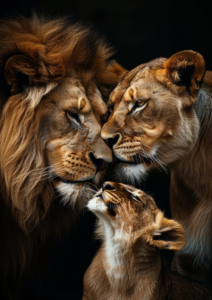 Foto três leões estão em uma rocha, um deles é um leão e o outro é um león.
