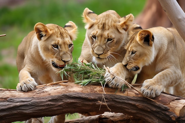 Foto tres leones están en un tronco con hierba