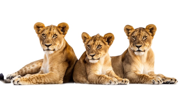 Tres leones jóvenes acostados mirando hacia adelante aislados en un fondo blanco