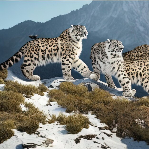 Foto três leopardos da neve caminhando em uma colina coberta de neve com montanhas ao fundo