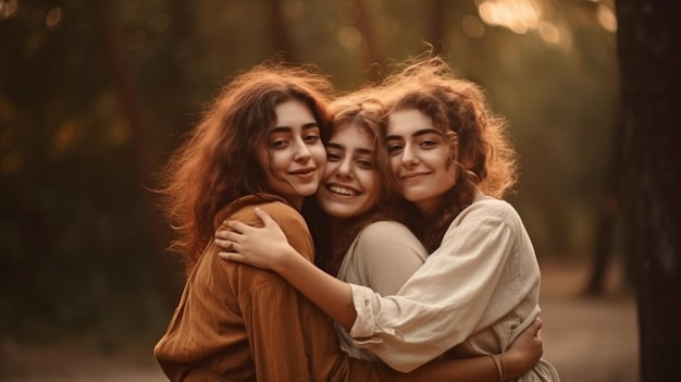 Tres lesbianas abrazadas en un parque la idea de la libertad en el amor y la IA generativa