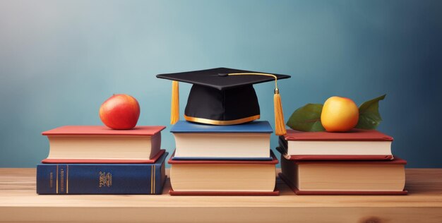 tres libros apilados por encima de la tapa de graduación