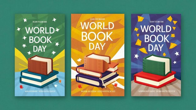 tres libros en un fondo verde con uno que dice día mundial