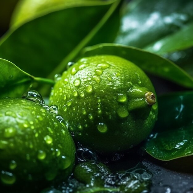 Tres limas con gotitas de agua y la palabra lima sobre ellas