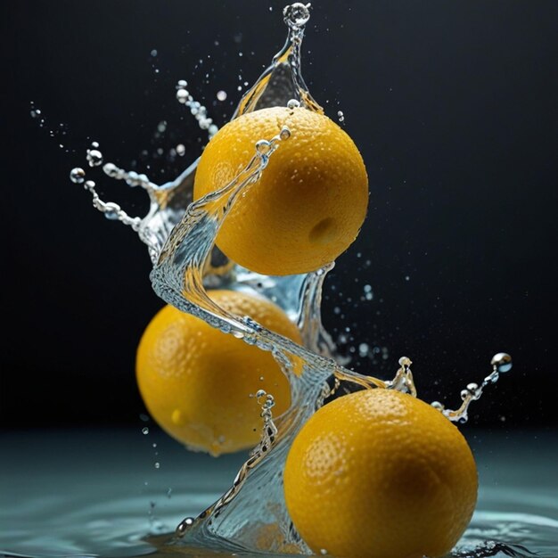 tres limones están siendo salpicados con agua en el fondo