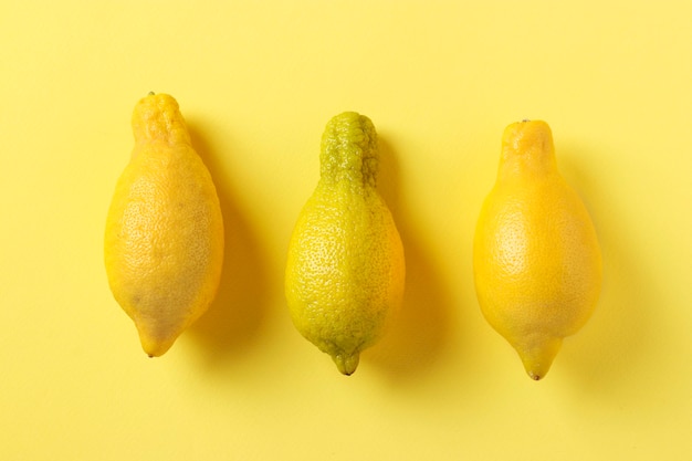 Tres limones feos sobre fondo amarillo brillante. Concepto de alimentos orgánicos, vista desde arriba