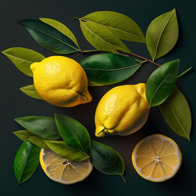 Tres limones y hojas están sobre un fondo negro.