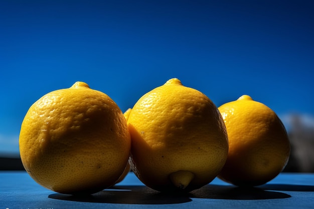 Tres limones en una mesa azul con fondo azul.