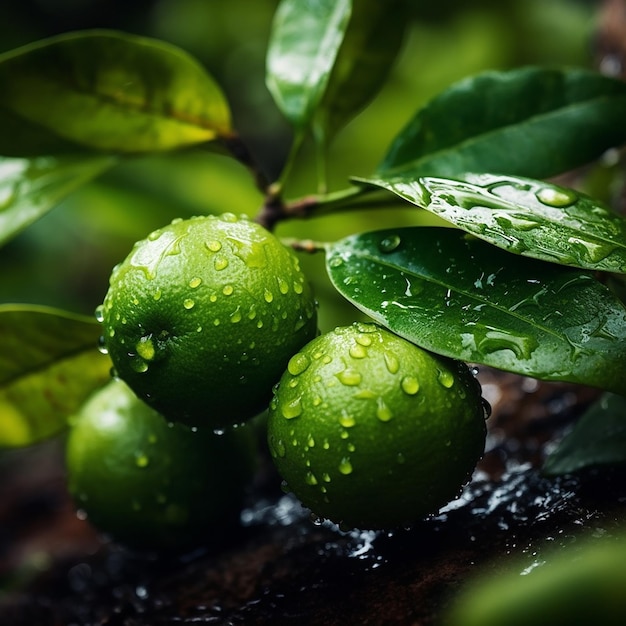 Tres limones verdes con gotas de agua sobre ellos y las hojas están mojadas.