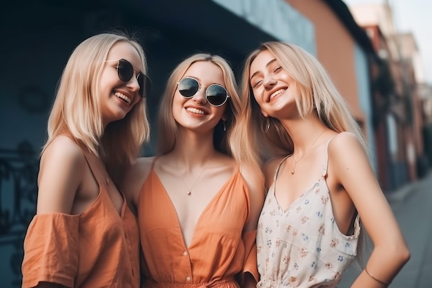 Três lindas garotas de férias em um vestido e óculos Generative AI