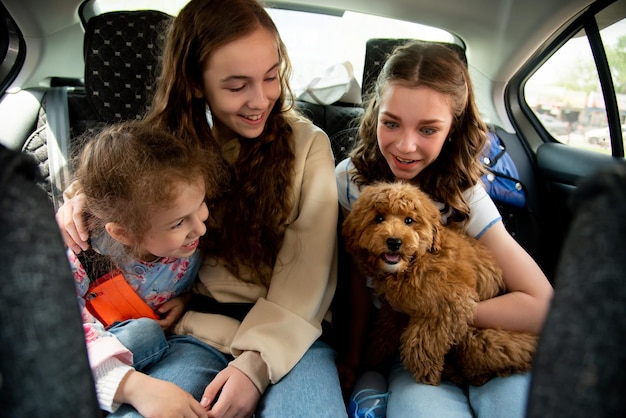 Três lindas garotas e cachorro no carro