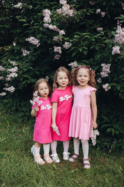 Foto três lindas garotas e namoradas se abraçam em vestidos cor de rosa em um parque florescente na primavera