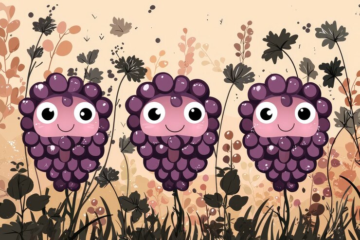 Foto tres lindas uvas púrpuras con grandes ojos en un campo de flores