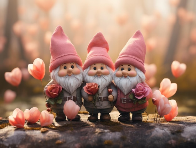 Foto tres lindos gnomos de madera con corazones en el fondo de navidad.