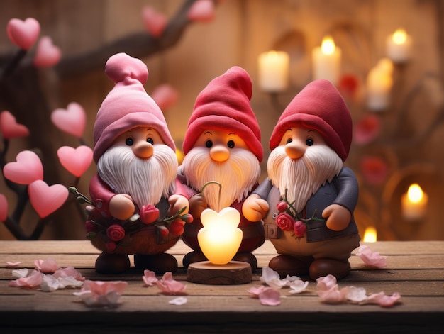 Foto tres lindos gnomos de madera con corazones en el fondo de navidad.