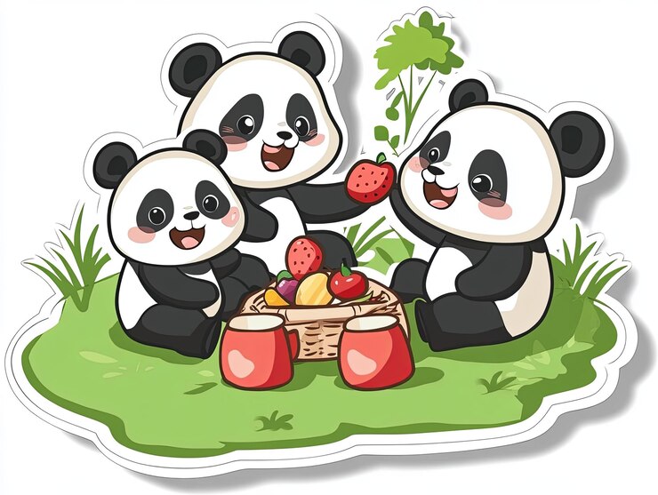 Foto tres lindos pandas disfrutando de un picnic juntos con una canasta de fresas de frutas y bebidas