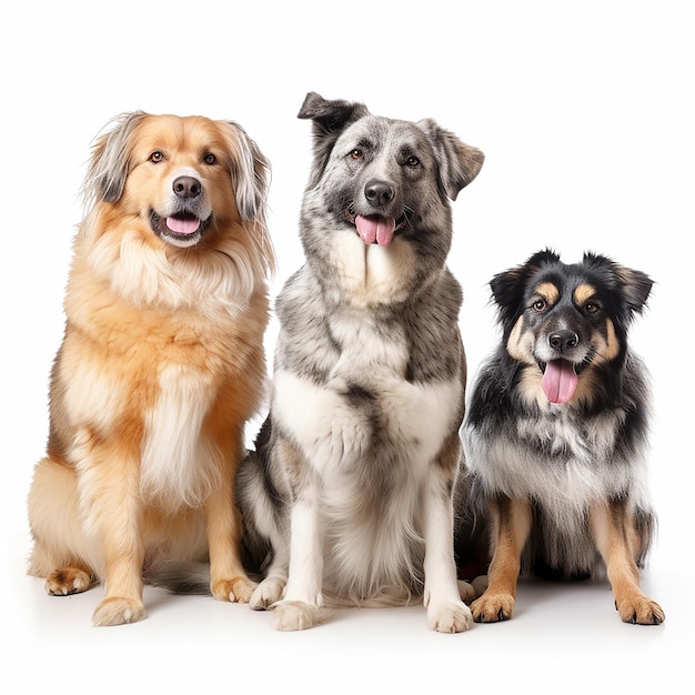 Tres lindos perros de diferentes razas juntos aislados en blanco primer plano adorables mascotas