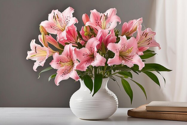 Três lírios rosa Alstroemeria em um vaso branco