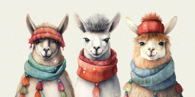 Tres llamas con sombreros y bufandas están de pie en la nieve generativa ai