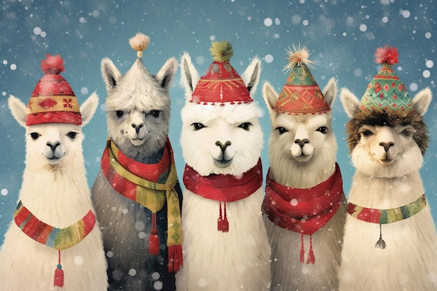 Tres llamas con sombreros y bufandas en la nieve generativa ai