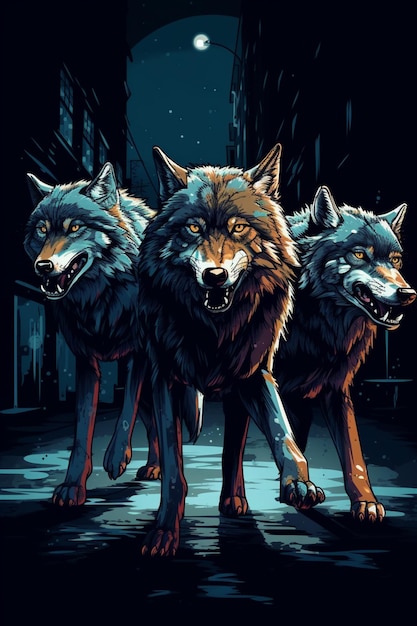 Tres lobos en una calle oscura de la ciudad