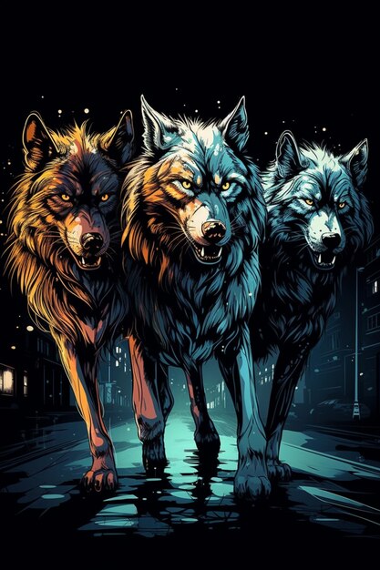 Tres lobos en una calle oscura