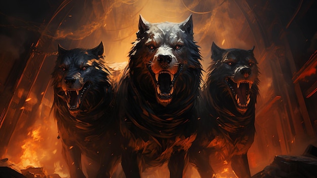 Tres lobos caminan en fila con la boca abierta ai generativo