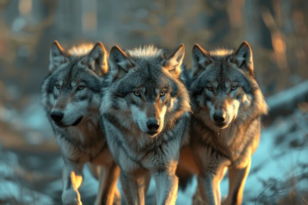 Três lobos marchando juntos