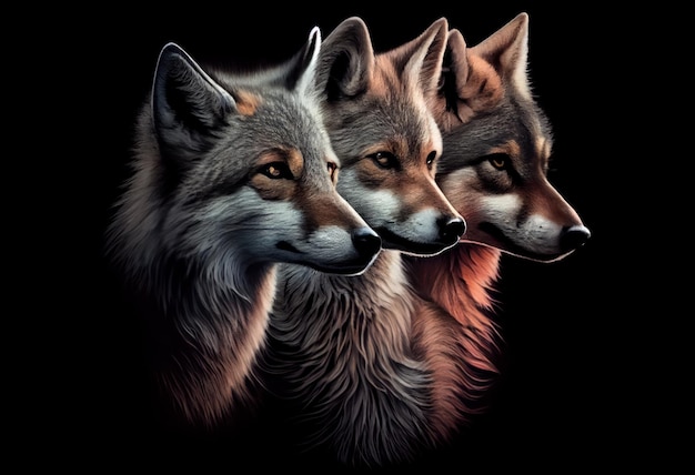 Tres lobos sobre un fondo negro IA generativa