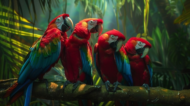 tres loros coloridos están sentados en una rama y uno tiene un verde y azul en la parte superior