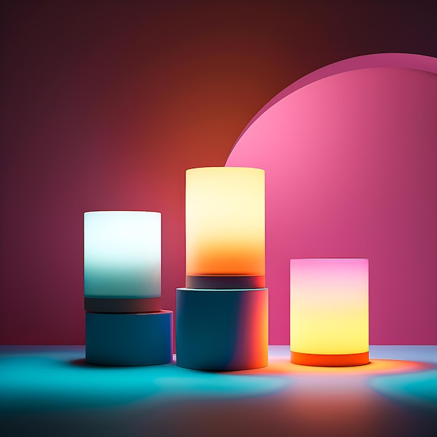 Três luzes coloridas diferentes estão sobre uma mesa com fundo rosa.
