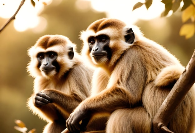 Foto três macacos estão sentados juntos e um tem um rosto amarelo