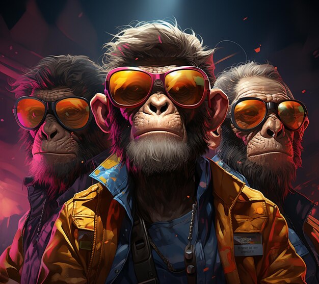 Três macacos usando óculos escuros e jaquetas estão parados na frente de um palco generativo ai