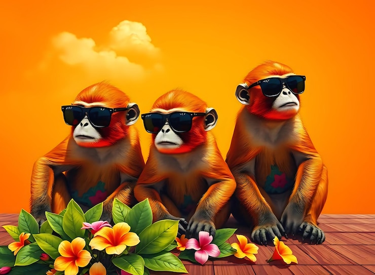 Foto três macacos usando tons em um fundo laranja brilhante