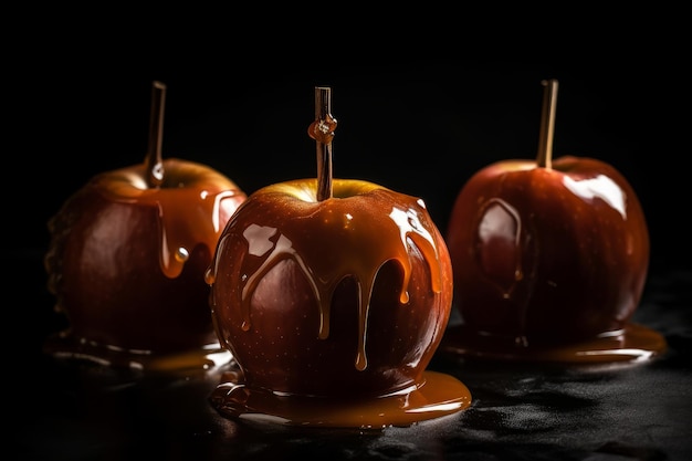 Três maçãs de caramelo em um fundo preto