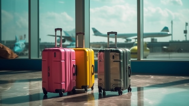 Três malas em um aeroporto com um avião ao fundo