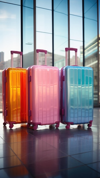Tres maletas coloridas están alineadas frente a una gran ventana.
