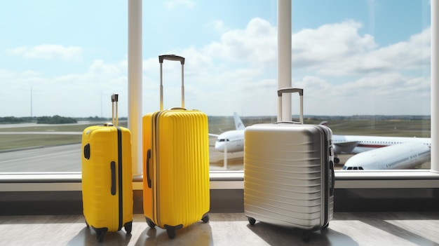 Tres maletas, dos amarillas y una plateada, de pie junto a una gran ventana del aeropuerto. En el fondo, los aviones son visibles en la pista bajo un cielo parcialmente nublado.