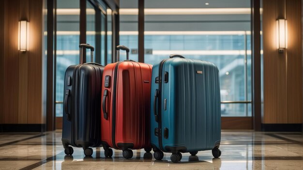 Tres maletas negras en el vestíbulo del aeropuerto.