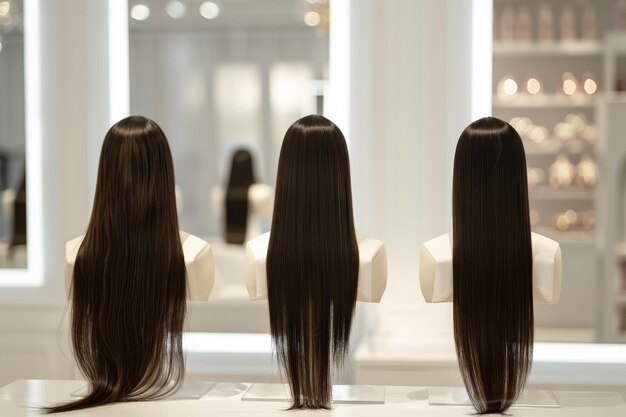 Foto três manequins de cabelo longo