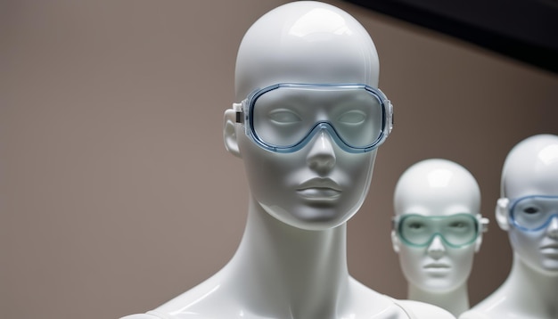 Três manequins usando óculos azuis